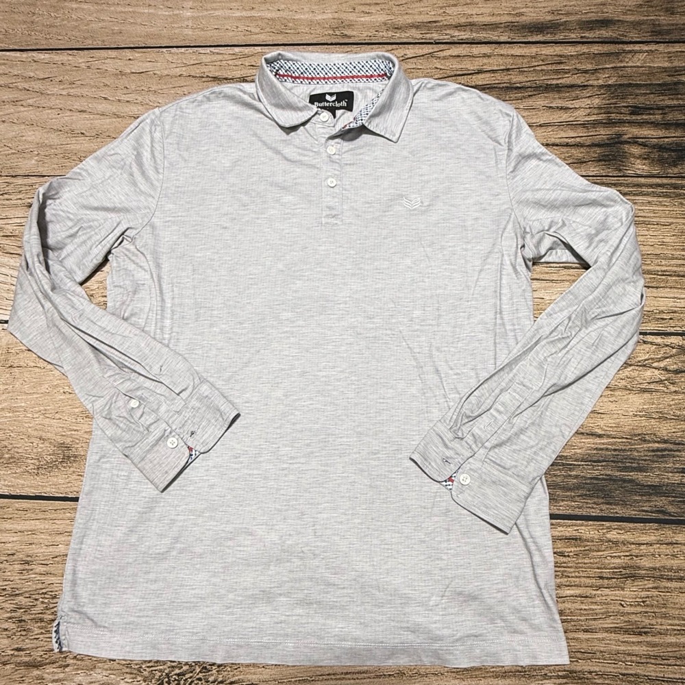 Buttercloth Polo Shirt Mens Large L Gray Long Sleeve Cotton Casual Business Top